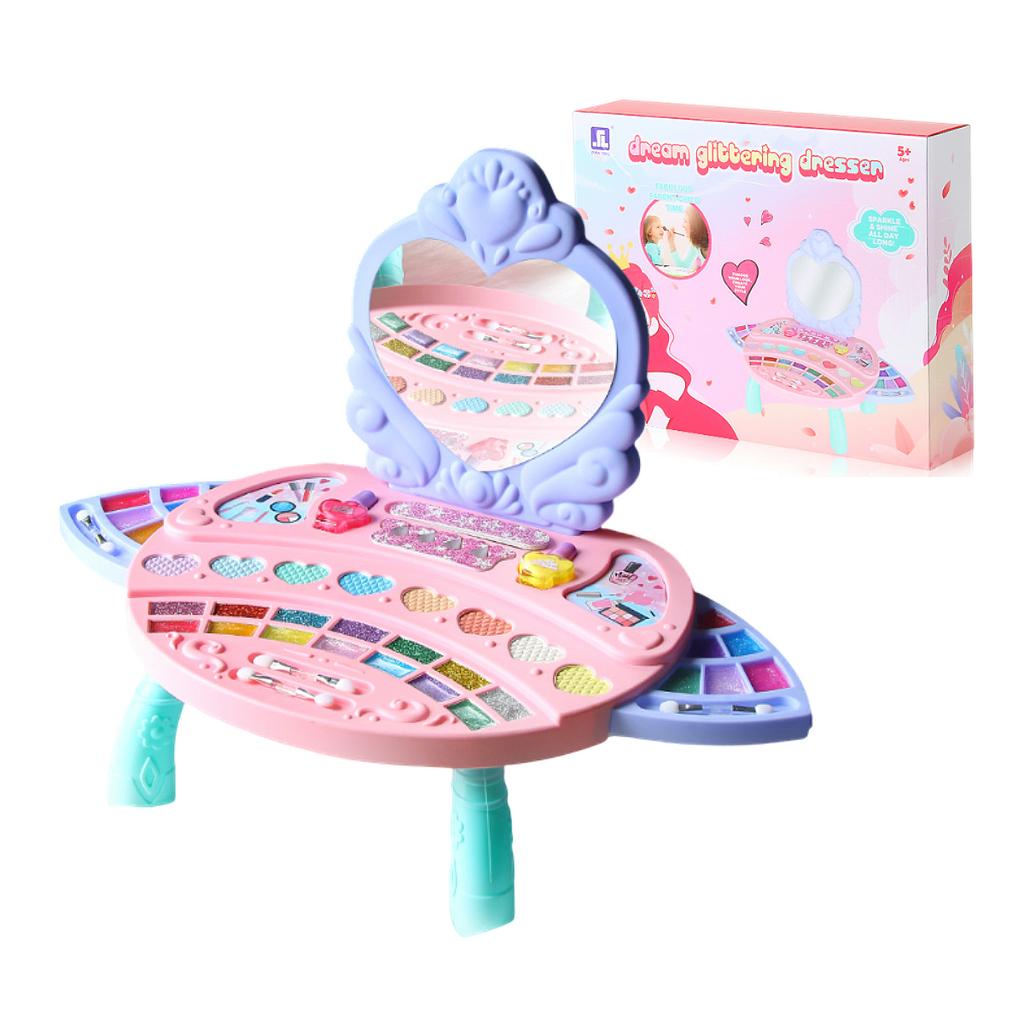 Princess Vanity Makeup Playset!Safe Washable Cosmetic Kit (Nail Polish, Blush, Lip Gloss). Multi-Func Dresser Toy. Perfect Gift