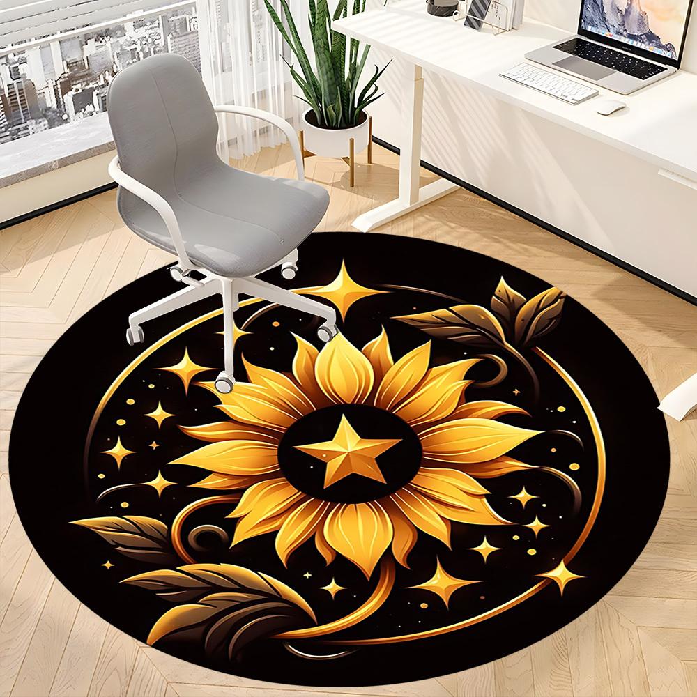 1pc Golden Sunflower Office Round Area Rug, Mat Suitable For Office, Under Office Chairs Bedroom Living Room Home Decor, Room Deco