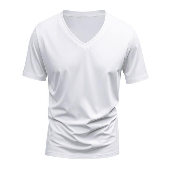 Men Summer T-shirt Short Sleeves V Neck Solid Color Quick-drying Loose Pullover Mid Length Top for Sport Office Dating