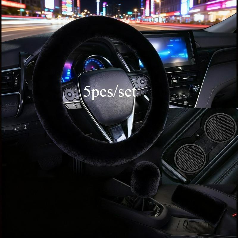 5pcs Plush Car Steering Wheel Cover & Safetybelt Shoulder Protector, Handbrake Cover & Armrest Box Pad