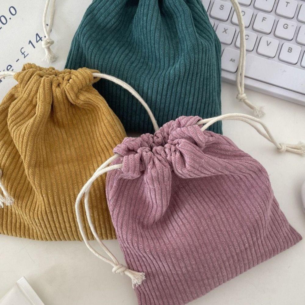 3PCS Solid Color Drawstring Cosmetic Bags Corduroy Large Capacity Gift Storage Bag Durable Drawstring Style