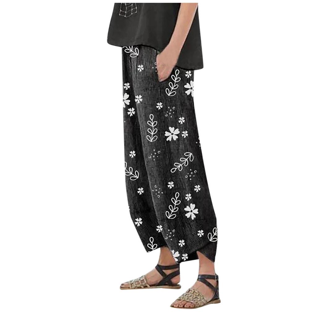 Women Casual Loose Floral Print Cotton Linen Elastic Waist Pocket Wide Leg Pants