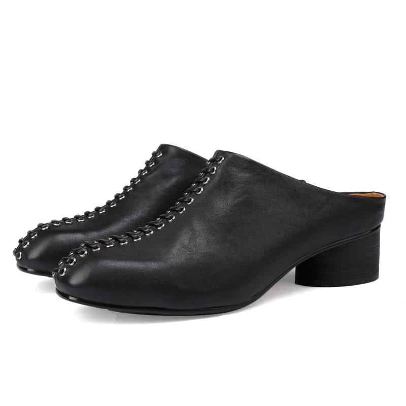 Johnature Ciabatte Moda in Vera Pelle con Tacco Grosso Punta Tonda Comode Suola Morbida Scarpe Slip-on da Donna