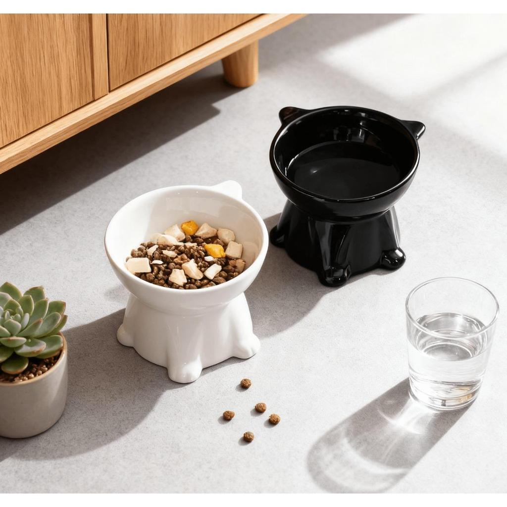 2pcs Set - Elegant Black/Pure White Elevated Pet Bowls with 15° Tilt – Anti-Spill Raised Pet Feeding Bowls, Non-slip Cat Double Bowls with