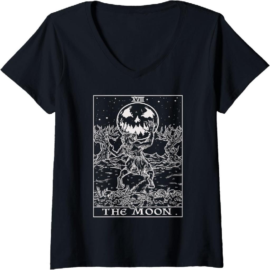 Womens The Moon Tarot Card Halloween Werewolf Gothic Horror Witch V-Neck T-Shirt