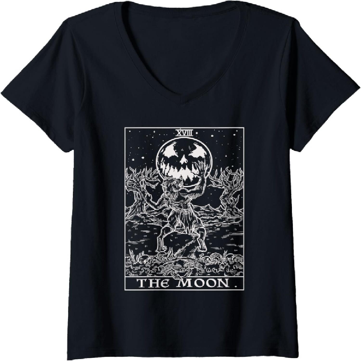 Womens The Moon Tarot Card Halloween Werewolf Gothic Horror Witch V-Neck T-Shirt S