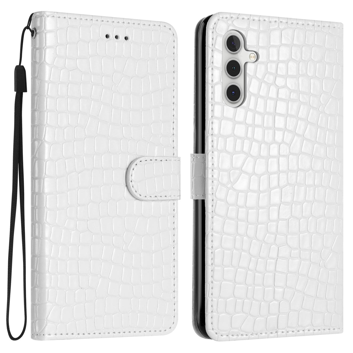 

For Samsung Galaxy S23 FE PU Leather Wallet Flip Cover Crocodile Texture Stand Phone Case with Strap White