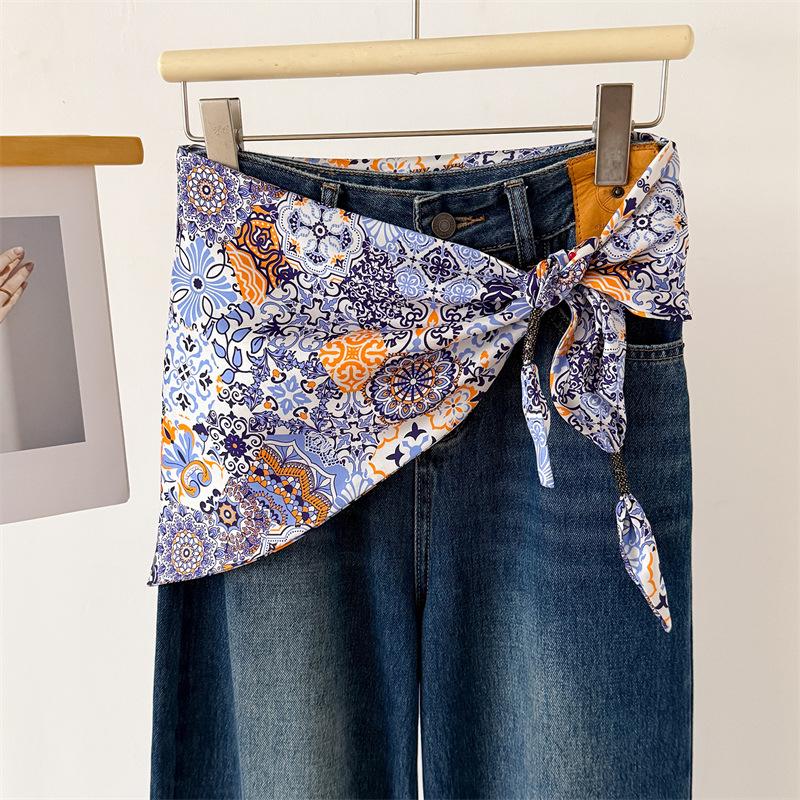 Leopard print chain simulated silk double-layer printed waist-tied triangle scarf sun protection shawl neckerchief women's scarf