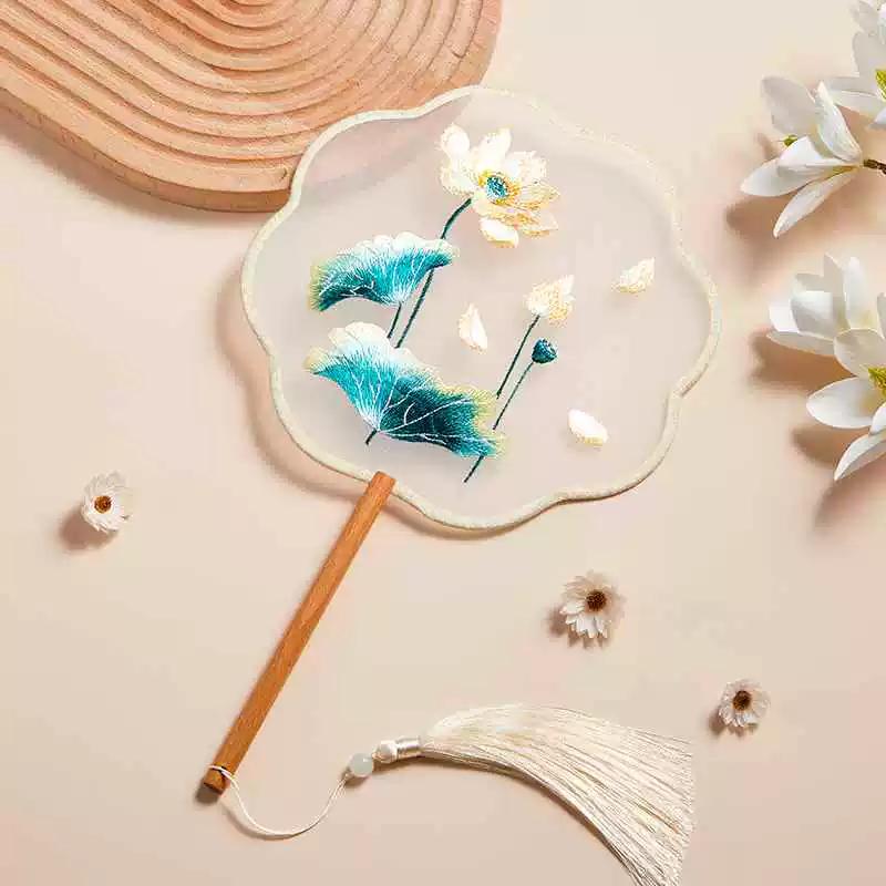 Double-Sided Embroidered Ancient-Style Semi-Transparent Fan for Women, Hanfu, Qipao, Traditional Court Lady, Children's Summer Dance Fan