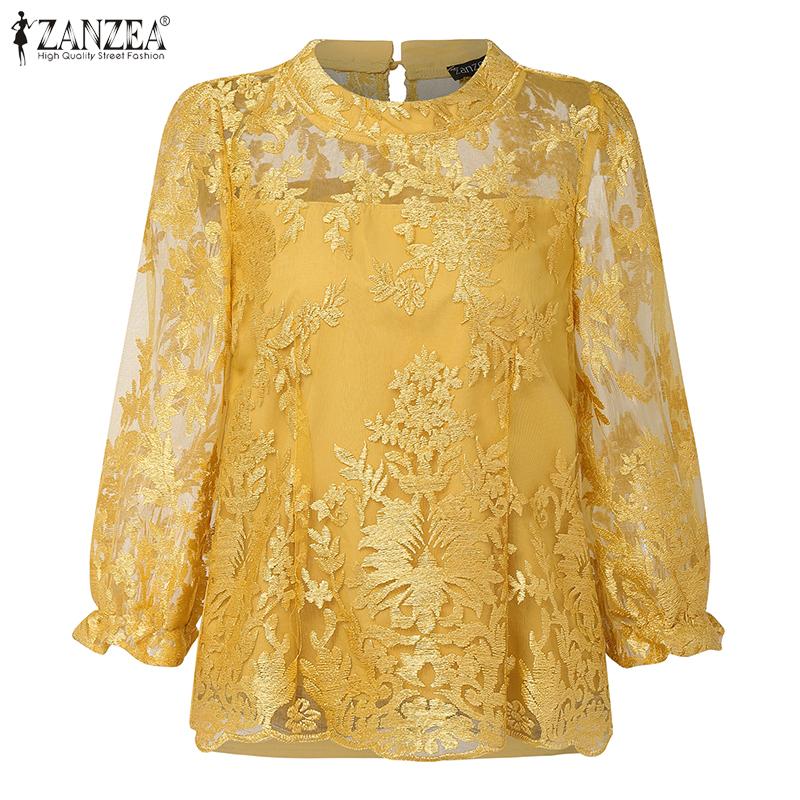 

ZANZEA Women Casual Round Neck 3/4 Sleeve Patchwork Embroidery Lace Blouse S жёлтый