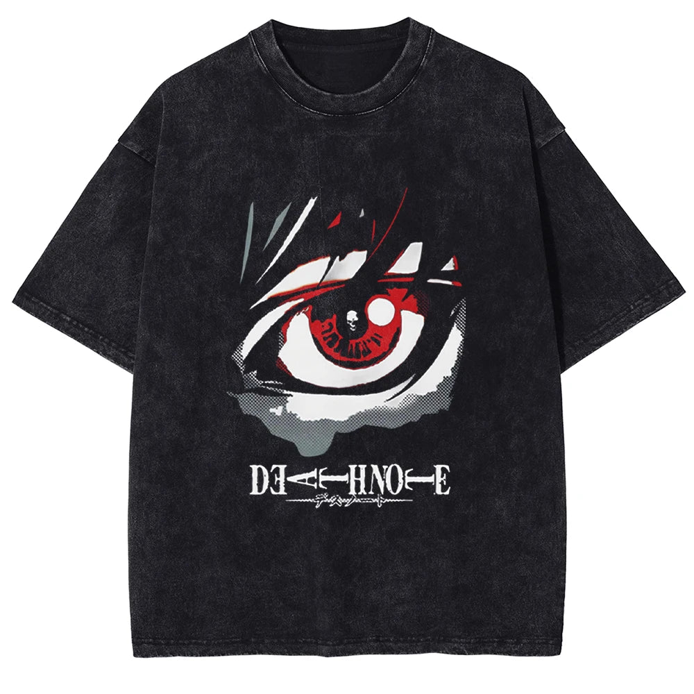 Klassisches Japanisches Anime Death Note Print T-Shirt Herren Gewaschen Übergroß Retro Streetwear Baumwolle Kurzarm Kleidung Lässig Locker Damen Herren Kleidung