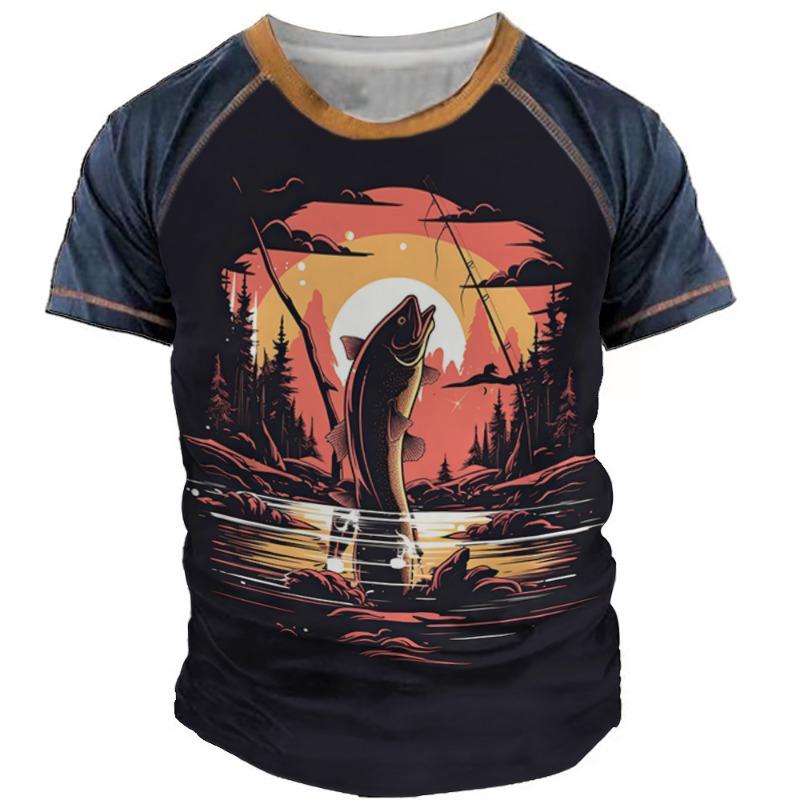 Camiseta casual masculina com blocos de cores, estampa 3D, gola redonda, manga curta, camiseta grande, roupas masculinas, tops, streetwear, verão