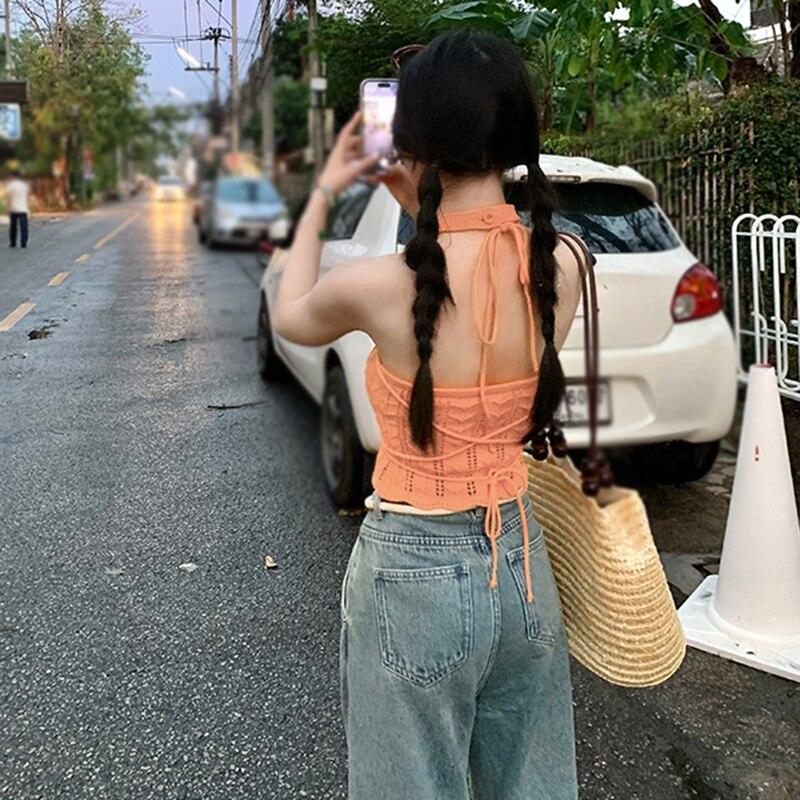 Damen-Tanktop mit aushöhlendem Verband, schlankes gestricktes Leibchen im koreanischen Stil