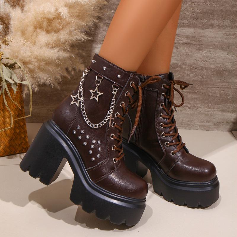 Platform Booties Fashion Round Toe Rivet Metal Buckle Soft Sole Anti-Slip Wear-Resistant High Heels