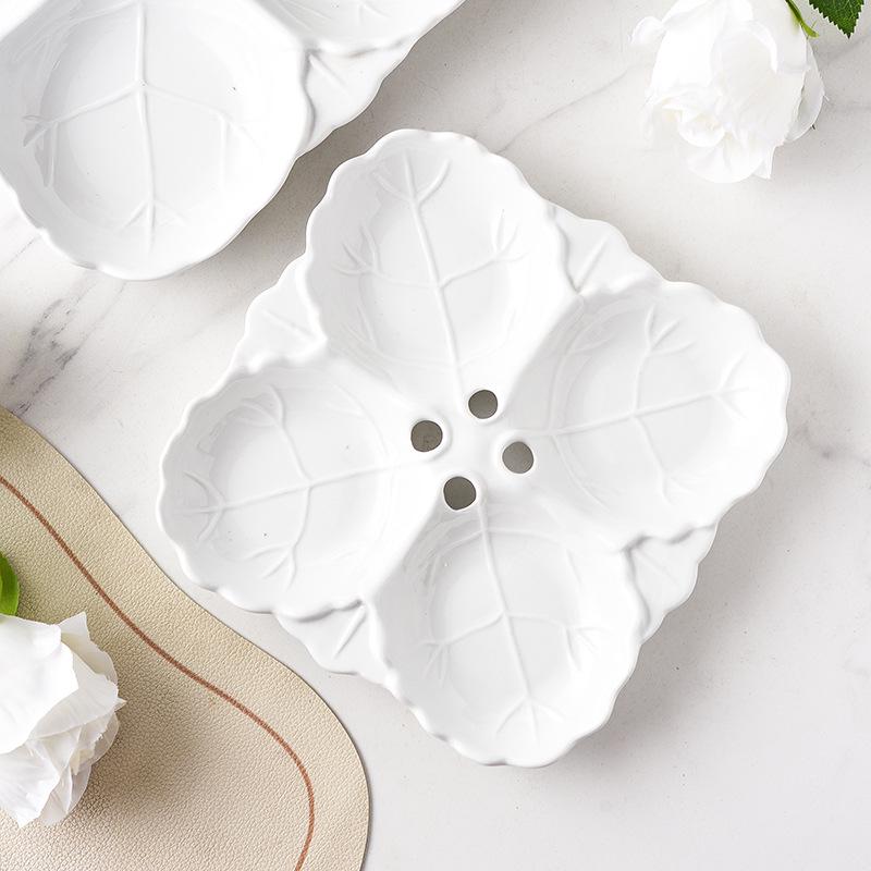 Embossed Leaf Design White Ceramic Divided Plate - Four Sections for Snacks or Cold Dishes