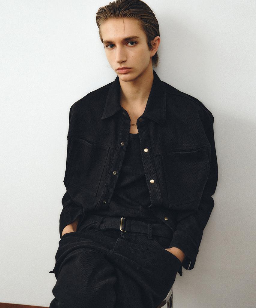 NOIRER Cotton Whipcord Washed Crop Shirt (Black)
