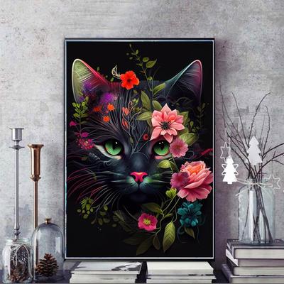 5D DIY Full Circle Diamond Painting "Flower Black Cat" Embroidery Cross Stitch Home Decor Gift