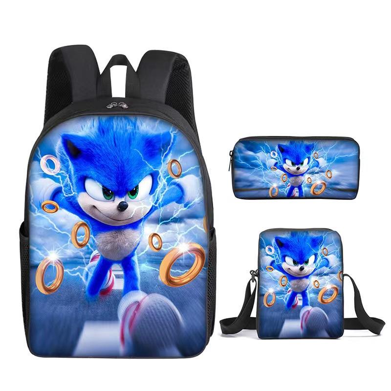 Sonic Primary School Student Schoolbag Three-Piece Set, Animation Cartoon Backpack, Shoulder Bag Pencil Case