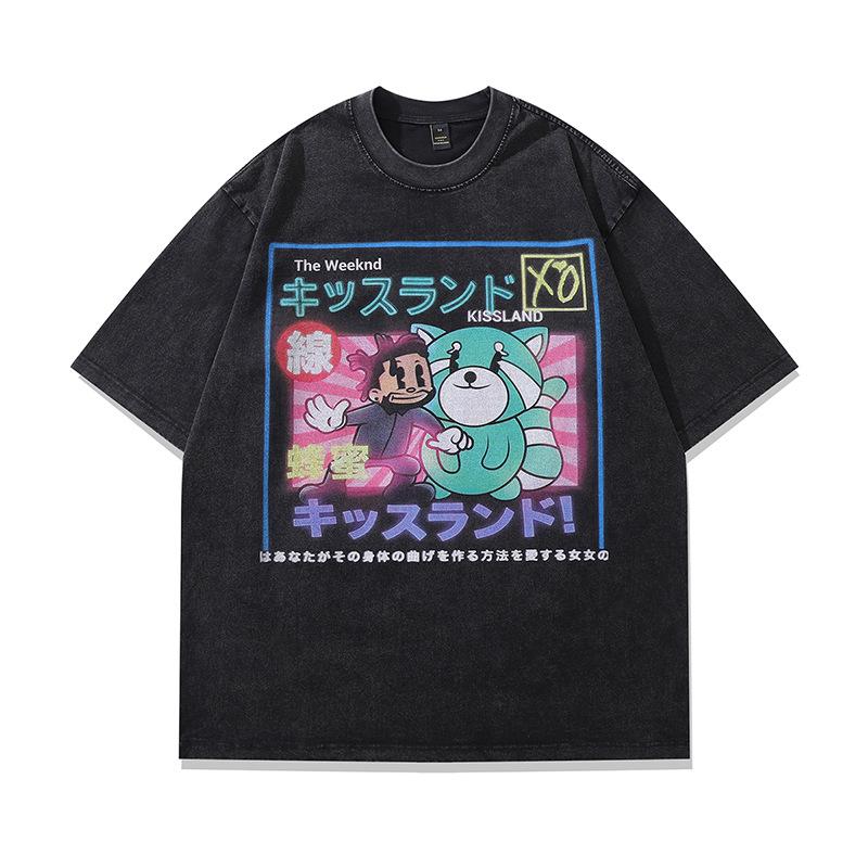 Harajuku Japanese Street Cartoon Print Old Short-Sleeved T-Shirt Men'S Trendy Brand Hip-Hop Loose Washed Five-Quarter Sleeve T-Shirt