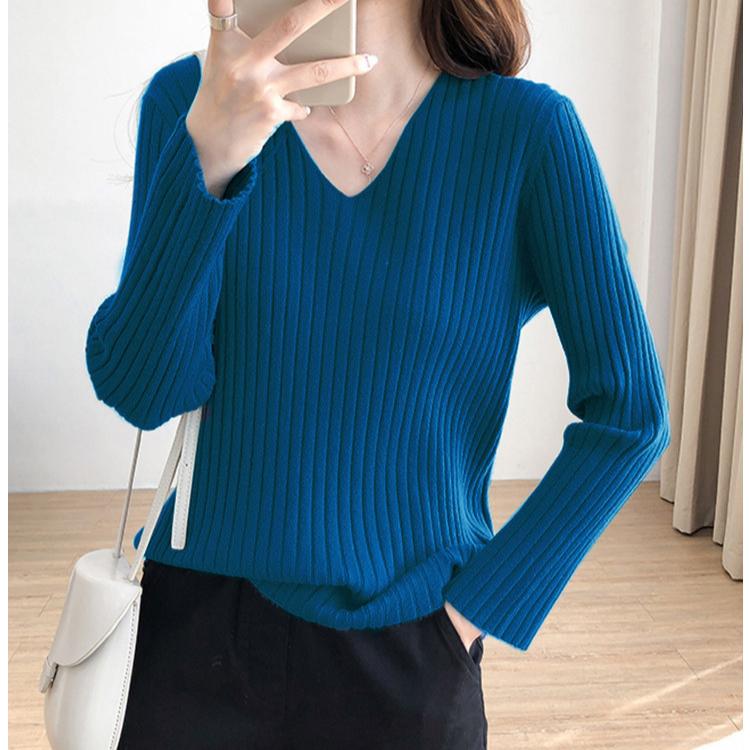 Autumn/Winter Knitwear Sweaters Women’s V-neck Pit Strip Pullover Long Sleeves Bottom Top Casual Knitted Sweater