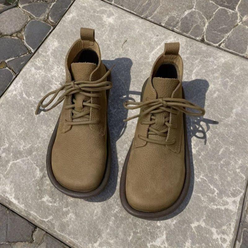 Martin boots women's autumn and winter new real soft leather round head short boots retro handmade shoes soft sole non-slip flat bottom lace-up