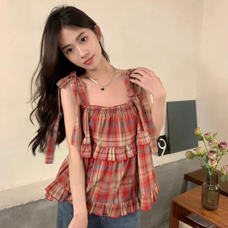 Summer Women's  Vintage Tanks & Camis Lace Up Green Crop Top Plaid Strap Sleeveless Tank Tops Clothes