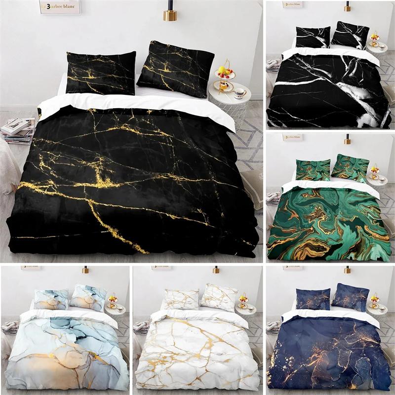 Black Gold Metallic Marble Duvet Cover Set Queen/King/Full/Twin Size Foil Print Glitter Bedding Set for Teen Boy Girls Men Women