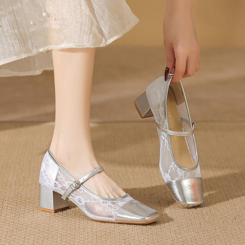 Silver sheepskin single shoes women's summer mesh breathable new style thick heel light mouth Mary Jane women's shoes
