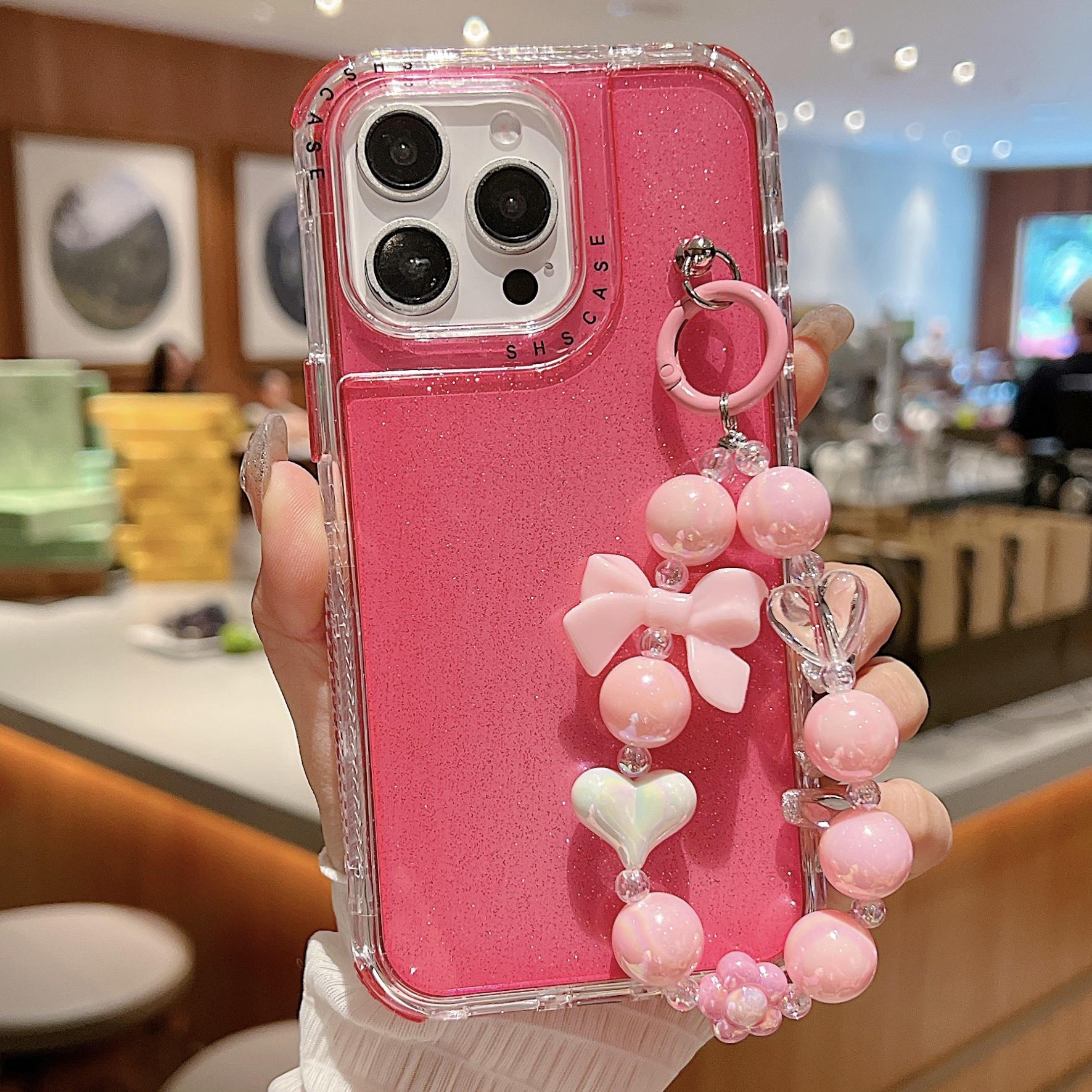 

For iPhone 16 Pro Max Case Anti-Drop Glitter Design PC+TPU Phone Cover with Strap Rose