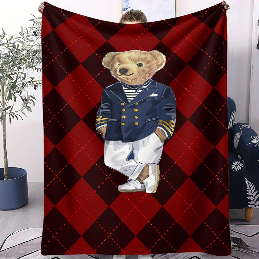 Festliche Vintage POLO Bär Print Fleece-Kuscheldecke für Erwachsene Qualität Super Weich Warm Universelle Decke für Reisen Büro Zuhause