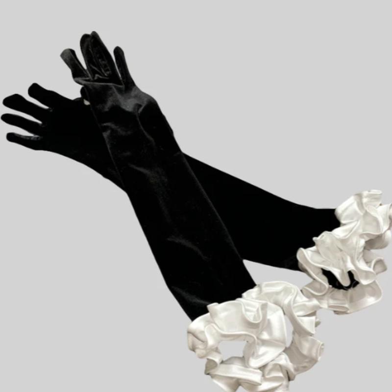 Vintage Schwarze Samt Rüschen Rüschen Verlängerte Handschuhe Reisefotograf Hand Ärmel Kleid Accessoire