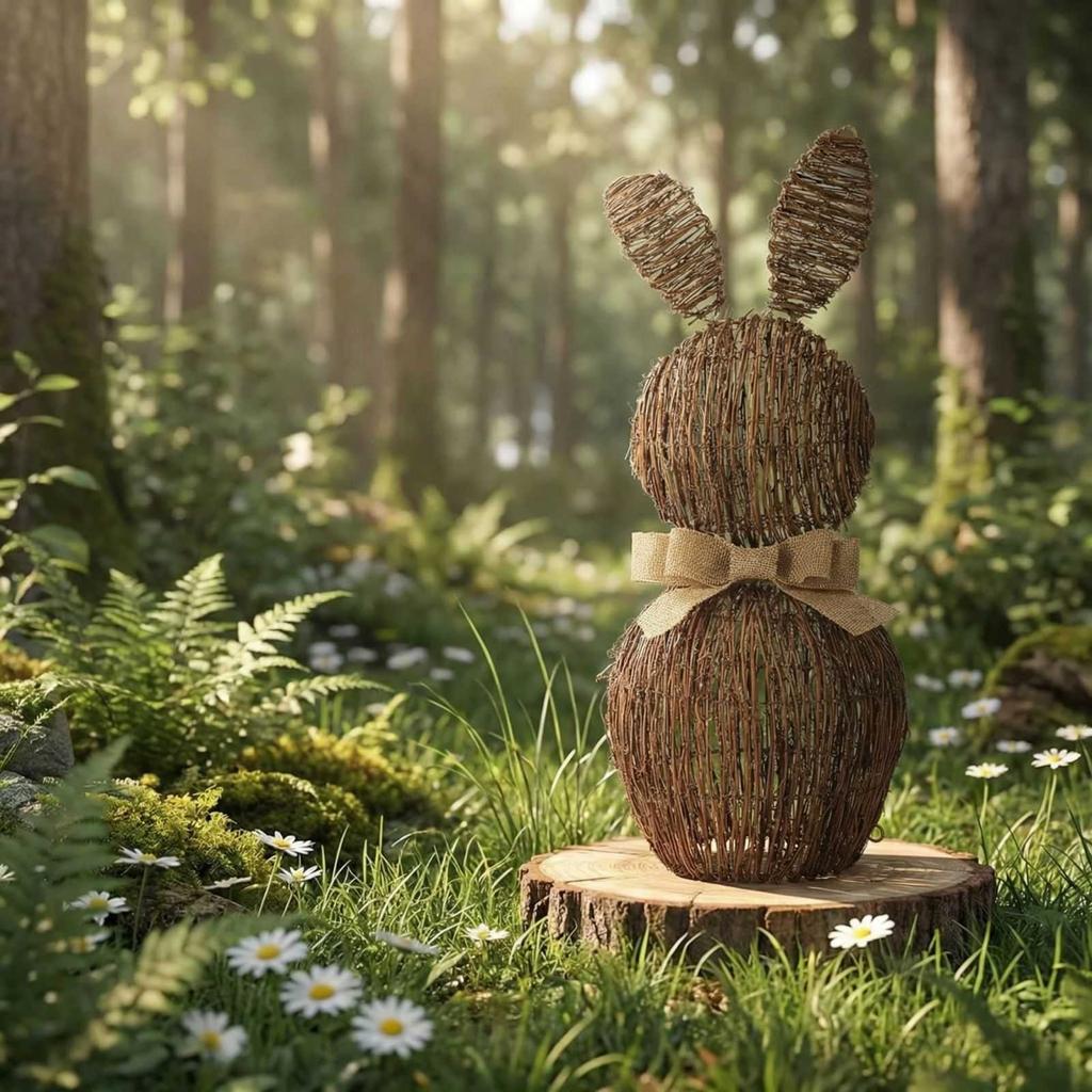 Fundă Decorativă de Paște din Ratan Împletit, 45 cm, Decor de Masă de Paște, Statuetă Decorativă de Primăvară și Vară, Ratan Împletit