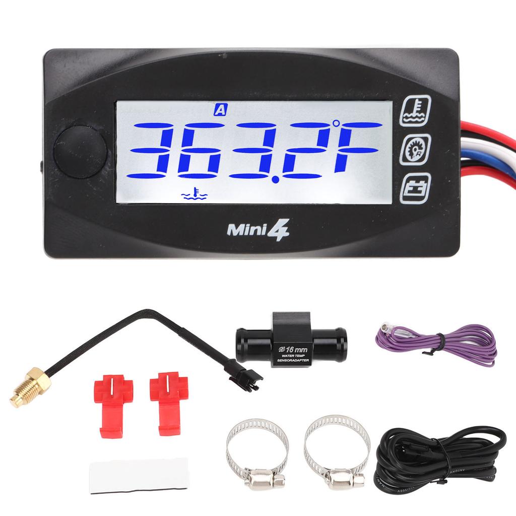 Motorcycle Blue Lighting LCD Water Temperature Gauge Meter 3 Way Connector Wiring Harness Thermometer Kit 16mm 0.63in