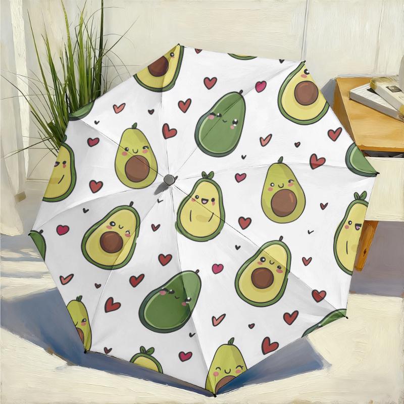 1pc Open/Close Avocado-Themed Umbrella with Cute Avocado & Hearts Design, Folding Canopy, Durable Rain Umbrella Suitable for T