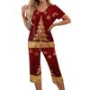 Women's Casual Two Piece Outfit Set Christmas Print Short Sleeve Pants