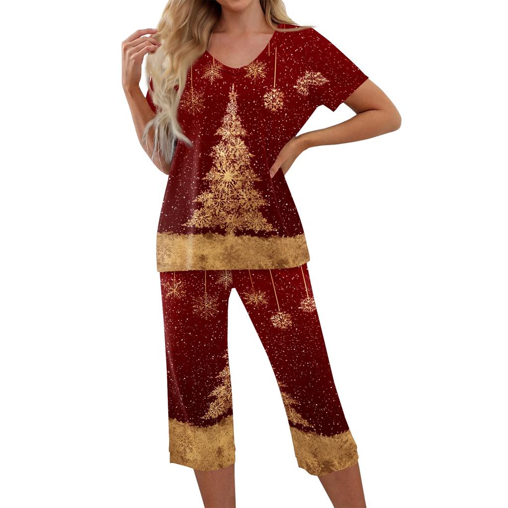 Women's Casual Two Piece Outfit Set Christmas Print Short Sleeve Pants