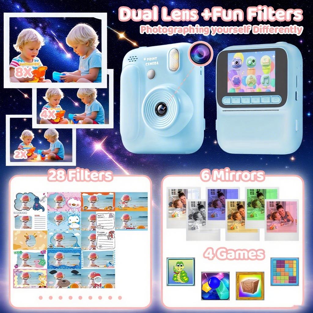 Kids Instant Camera Color Printing Camera 32GB 1080P Thermal Print Digital Camera Print Photo Video Games Music Children Gift