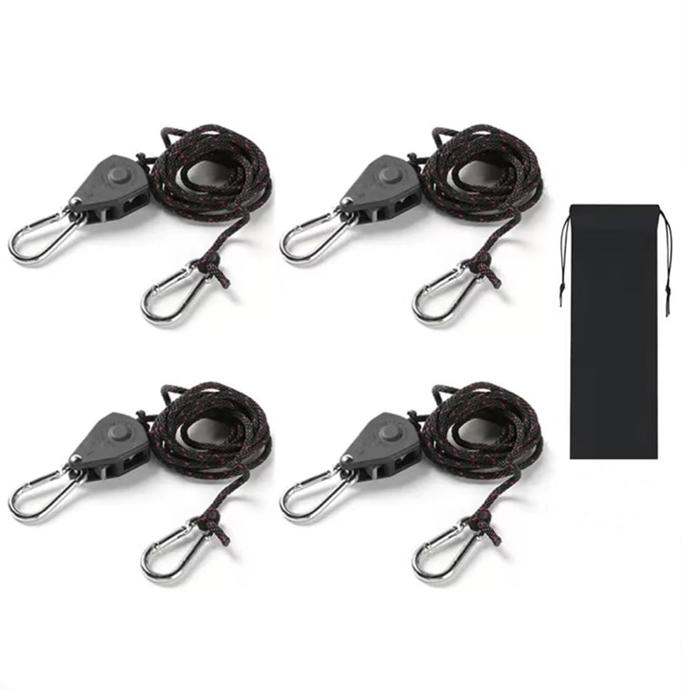 ILLIDAN Tent Rope with Ratchet Mechanism, 4mm * 2M, Set of 4, Black, 250kg Load Capacity, Guy Rope, Paracord, Tent Rope, Guy Line, Tarp Rope, Reflecti