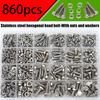 860pcs Stainless Steel Hex Head Bolt Assortment Kit w/Nuts+Washers+Springs - M3-M6 DIN933 Grade 8.8/10.9, A2/A4 Marine Grade