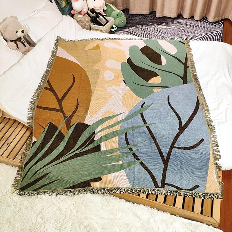 Double-Sided Cotton Woven Throw Blanket with Tassel Jungle Bohemian Style Tapestry Shawl Multi-Function Decorative Throws for Sofa Bed Armchair