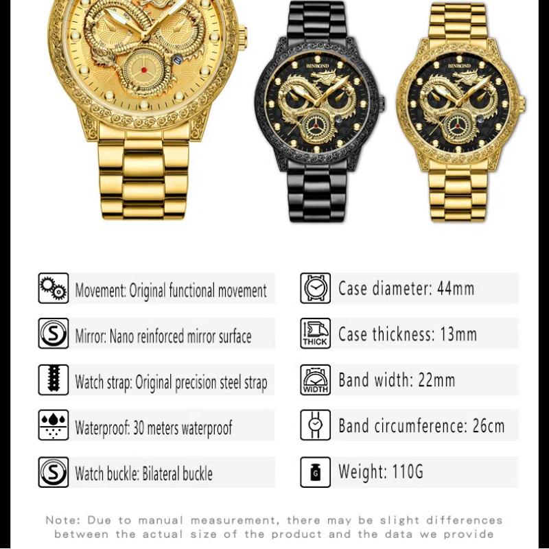 Men's Three Flame Dragon Quartz Watch Golden Dragon Relief Waterproof Luminous Calendar Watch Festival Gift