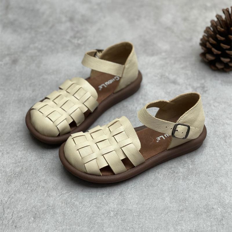 Johnature Sandalias casuales de cuero genuino para mujer, zapatos planos cómodos y versátiles con suela suave y transpirable