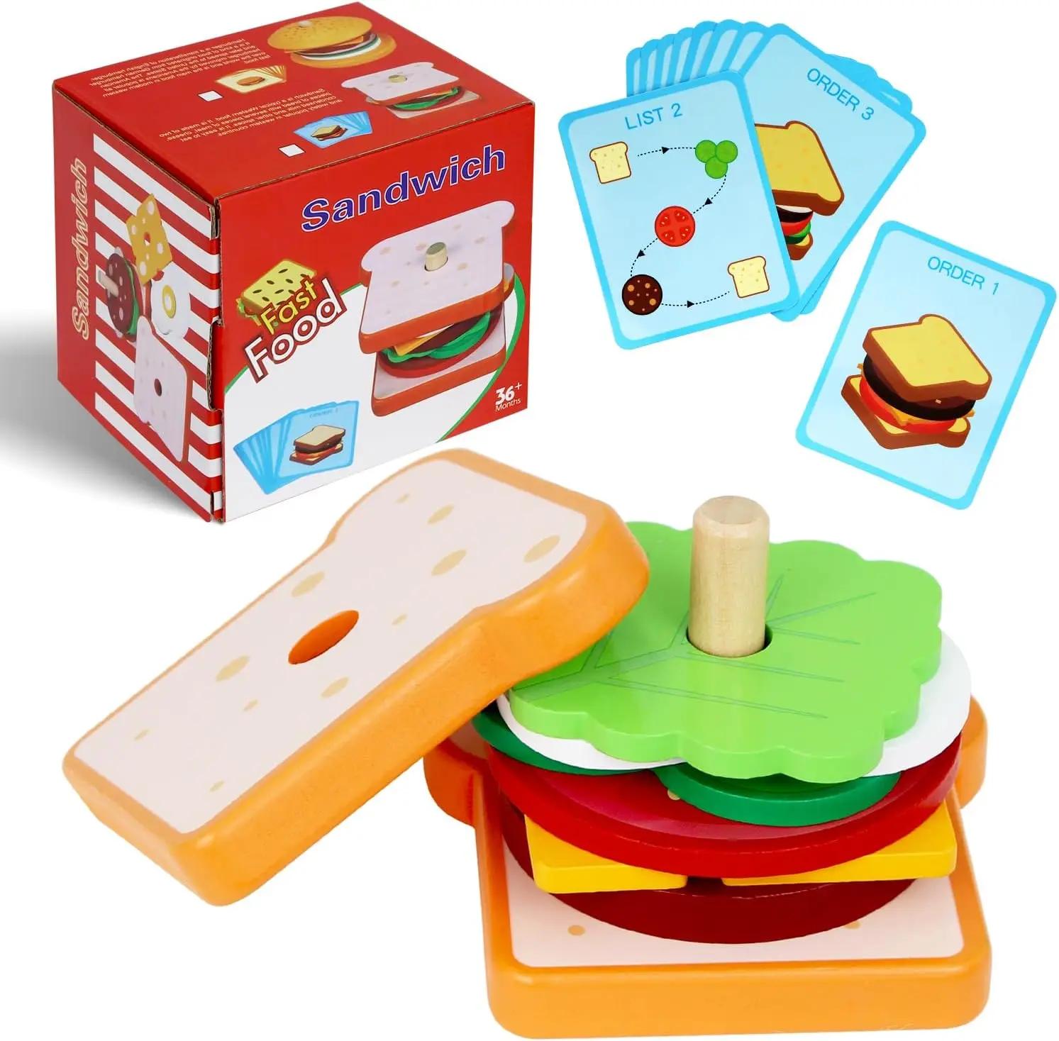 Non-Toxic Wooden Burger Sandwich Stacking Toys For Toddler Kids Preschool Learning Educational Toys Pretend Play Food Kitchen Toys Gifts