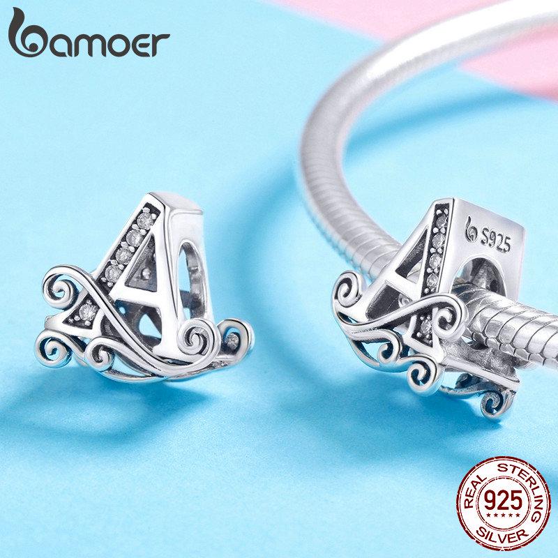 BAMOER Classic 925 Silver Letter Vintage A to Z 26 Letter Charms Openwork CZ Alphabet Beads Fit Charm Bracelet BSC030