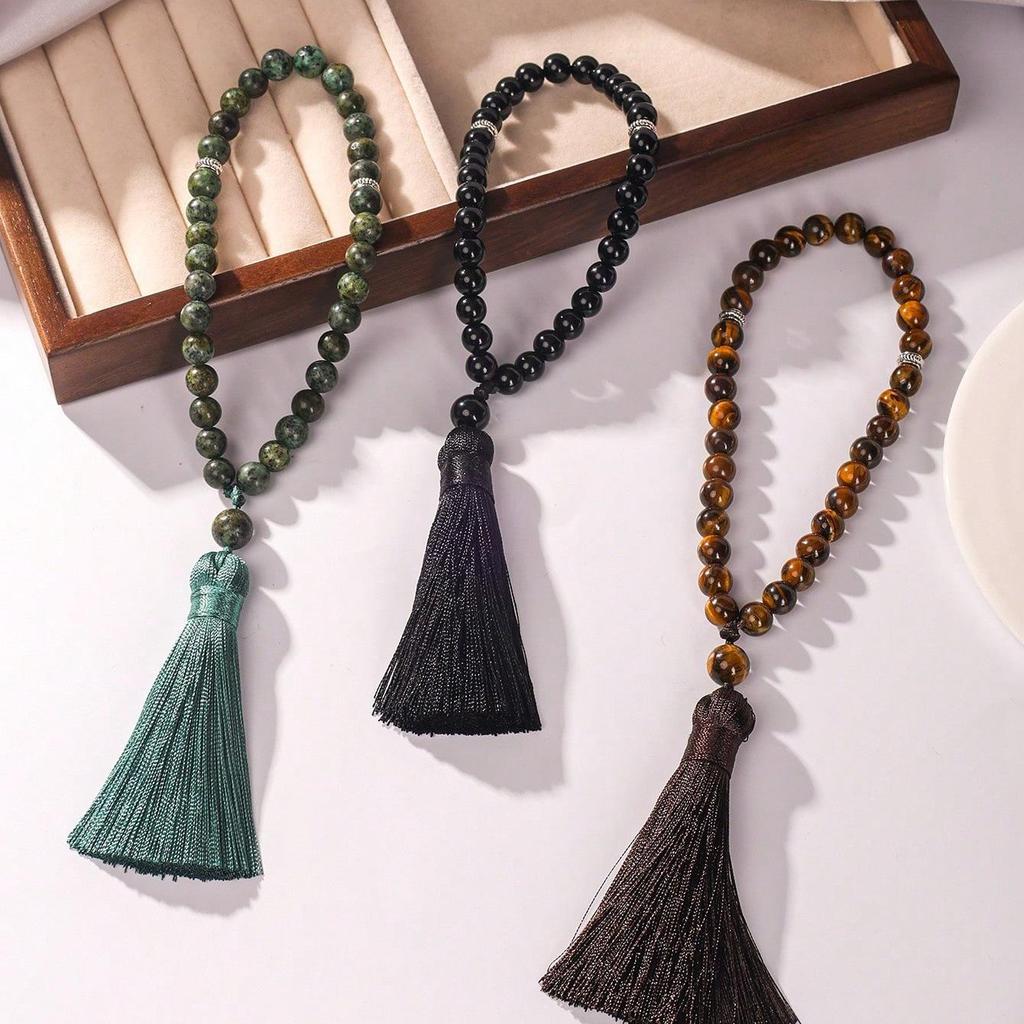 Cosmic Sailing Natural Crystal Bracelet with African Pine Prayer Beads - 33 Beads Double-Loop Design