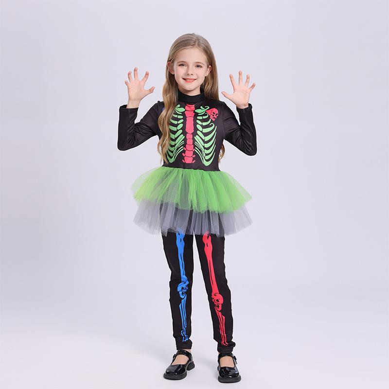 Halloween Kids Skeleton Bodysuit Dress Colorful Bone Costume Girls Cosplay Outfit Party