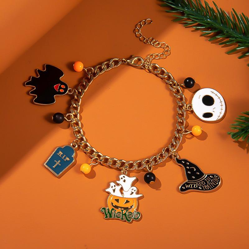 Halloween Ghost Pumpkin Spider Cat Bat Charm Bracelets for Women Funny Skeleton Skull Bracelets Jewelry Gifts