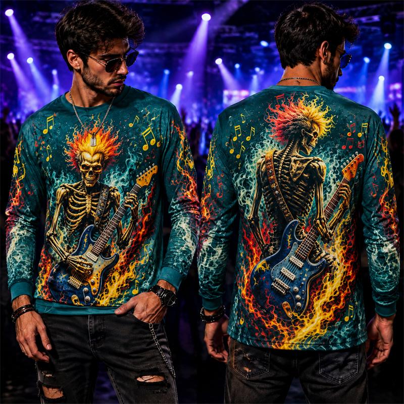 Halloween Punk Long Sleeve T Shirt Men 3D Print Cool Skeleton Guitarist Gradien Lightning Tee Music Festival Party Street Top
