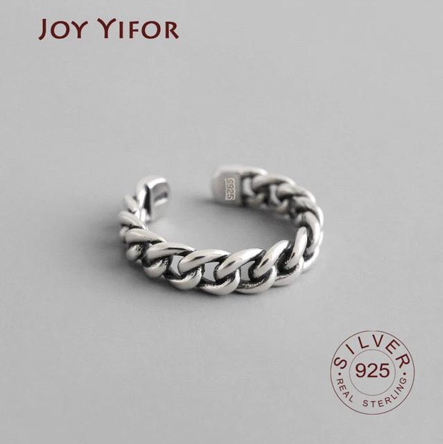 

BFCLUB Silver Color wide chain rings silver vintage wild square strip chain open rings for women fine jewelry gift