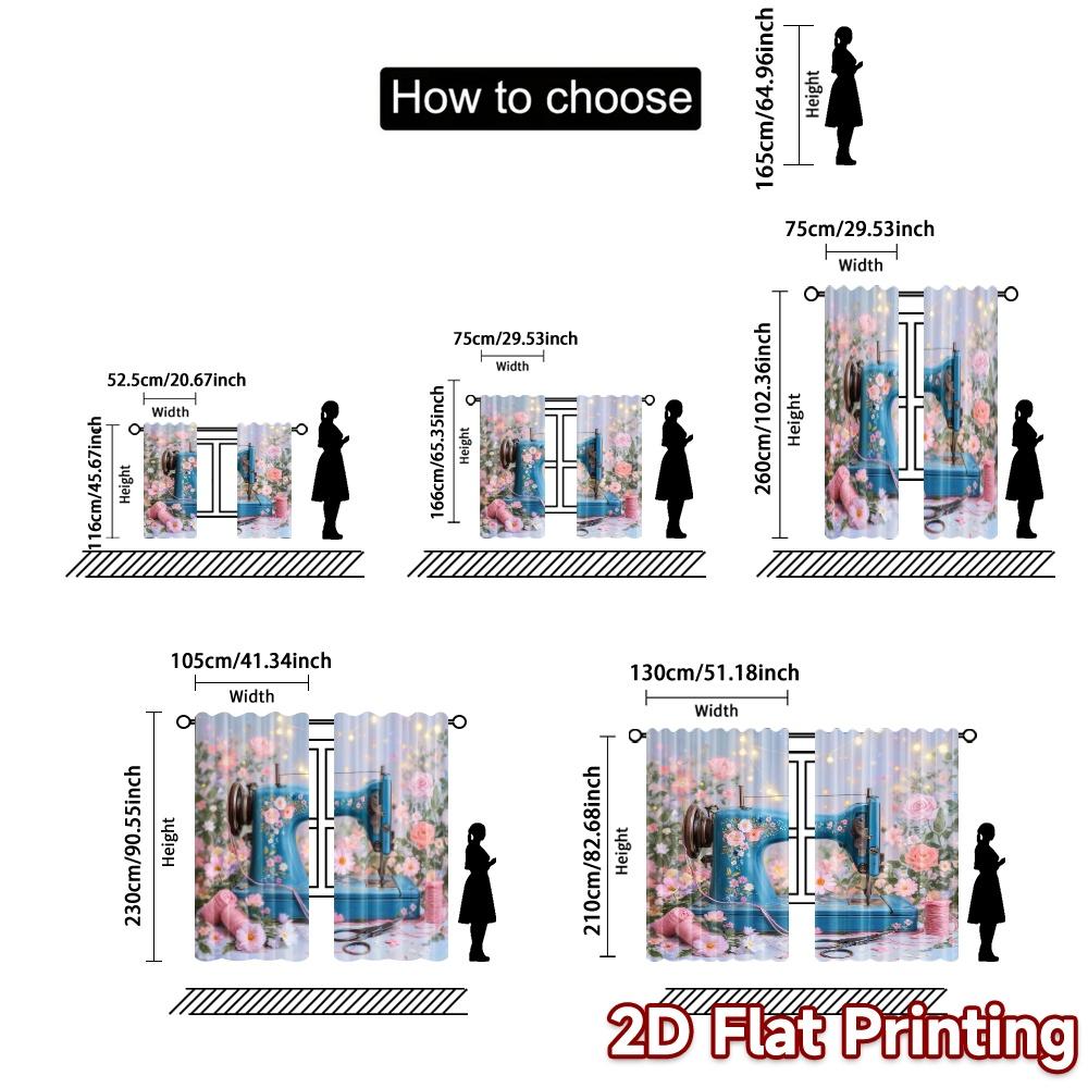 2pcs, 2D FLAT PRINTING Curtains (Without Rod) FloralSewing Chic Curtain Chic Semi-Sheer Curtains Outdoor Decorations Decorative